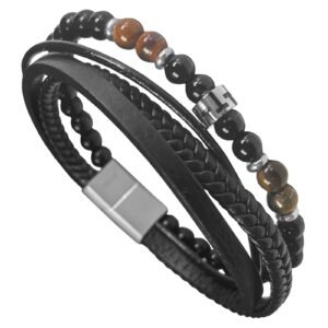 Leather & Tiger Eye and Black Bead Stainless Steel Bracelet