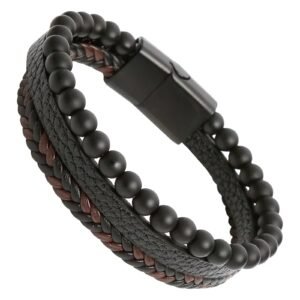 Beads & Multi Strand Leather Bracelet w/ Stainless Steel Closure