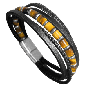 Leather & Tiger Eye Bead Stainless Steel Bracelet