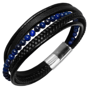 Multi-String Braided Leather & Stainless Steel Bracelet w/ Lapis Beads