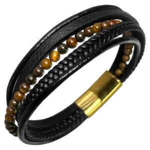 Leather & Stainless Steel Bracelet with Tiger Eye Beads