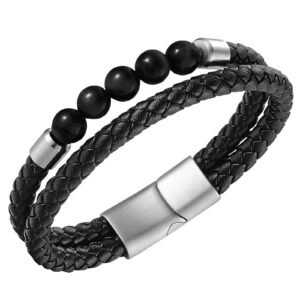 Braided Leather & Stainless Steel Bracelet w/ Onyx Beads