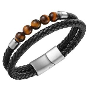 Braided Leather & Stainless Steel Bracelet w/ Tiger Eye Beads
