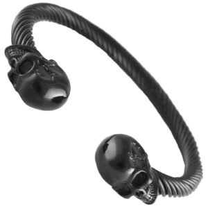 Black PVD Stainless Steel Twisted Cable Bangle w/ Skull Heads