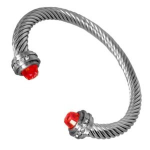 Stainless Steel Twisted Bangle w/ Red Crystal on Ends - Red