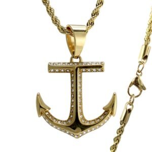 Stainless Steel Gold PVD CZ Anchor Pendant w/ Chain
