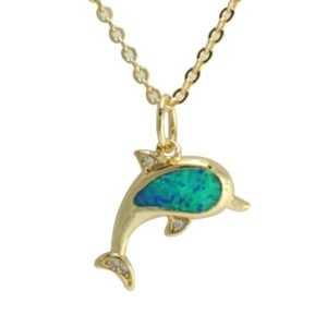 Gold Oval Link Necklace with "CZ Dolphin"  holographic Charm