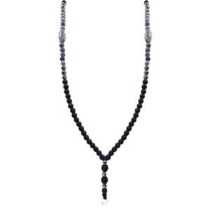 Long Beaded Necklace with Black/Blue Denim & Stainless Steel Bead Accents