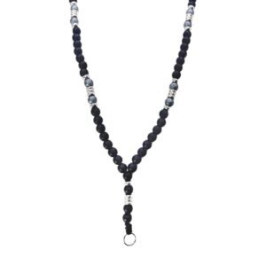 Long Beaded Necklace with Black & Stainless Steel Bead Accents