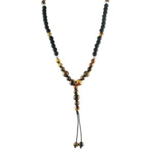 Long Beaded Necklace With Tiger Eye, Black & Stainless Steel Bead Accents