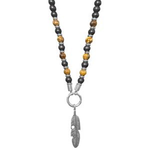 Stainless Steel Feather w/ Black & Tiger Eye Beaded Necklace