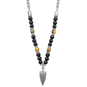 Stainless Steel Arrow & Black and Tiger Eye Beads w/ Chain Necklace
