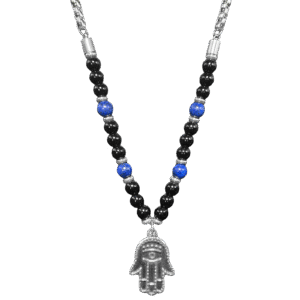 Stainless Steel Hamsa & Black and Blue Beads w/ Chain Necklace