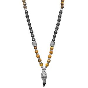 Stainless Steel Skull w/ Black & Tiger Eye Beaded Necklace