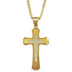 Stainless Steel Gold PVD Chain w/ Cz CNC Setting Cross Pendant