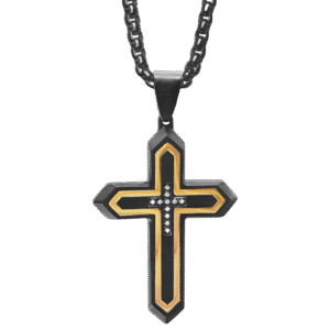 Stainless Steel Black & Gold Cz CNC Setting Cross Pendant w/ Chain