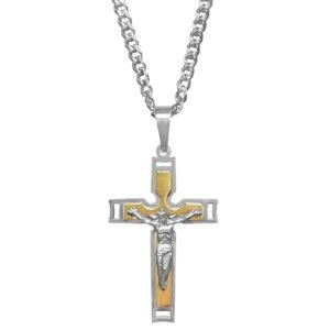 Stainless Steel Two-toned Jesus on Cross w/ Flat Cuban Chain