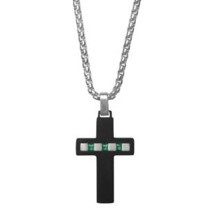 Stainless Steel Cross w/ Three Green CZ Stones Necklace
