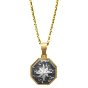 Stainless Steel Star on Octagon Pendant w/ Gold PVD Chain Necklace