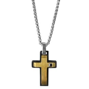 Stainless Steel Gold & Black PVD Cross w/ Cz Stone Necklace