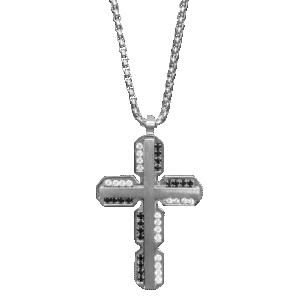 Stainless Steel Fancy Cross w/ Black & Clear CZ Stones on Chain Necklace