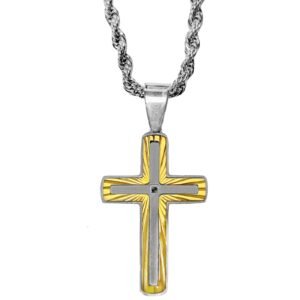 Stainless Steel Two Tone Cross Pendant w/ Rope Chain