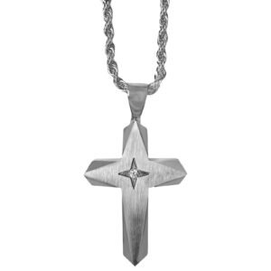Stainless Steel Matte Cross CZ Pendant w/ Chain