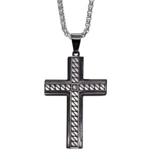 Stainless Steel Chain With Two Toned Black Cross Pendant