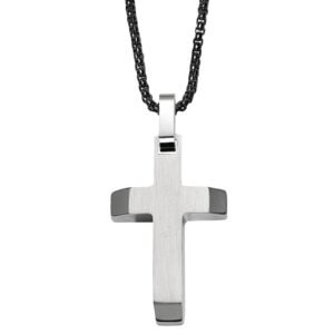 Stainless Steel Small Cross w/ Black Rolo Chain