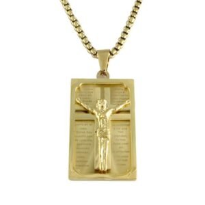 Stainless Steel Gold PVD Dog Tag Crucifix Pendant w/ Chain