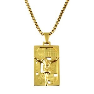 Stainless Steel Gold PVD Pendant w/ Padre Nuestro Prayer & Chain