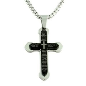 Stainless Steel Two Tone Cross w/ Padre Nuestro Prayer Pendant & Chain