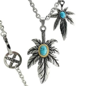 Stainless Steel Hemp Leaf Pendant with Turquoise Accents in Center On Rolo Chain