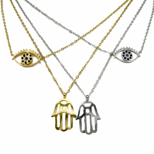 Stainless Steel Layered Multi Chain w/ Hamsa & Evil Eye
