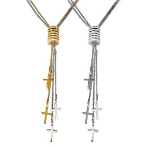 Stainless Steel Lariat Long Necklace w/ Cross Charms