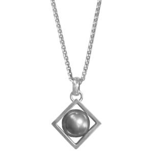 Stainless Steel Necklace Grey Pearl in Square Pendant