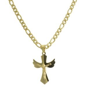 Stainless Steel Gold PVD Winged Crucifix w/ Chain
