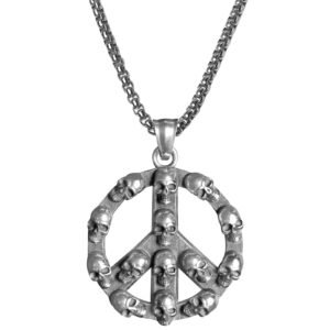 Gun Metal Stainless Steel Skulls on Peace Sign Necklace