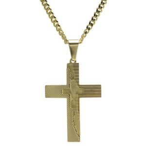 Stainless Steel Gold PVD Double Cross Pendant w/ Chain