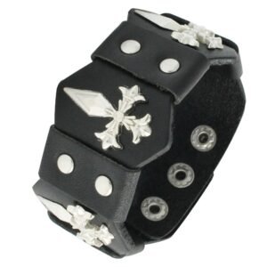 Black Wristband Leather Bracelet with Stainless Steel Dagger Cross
