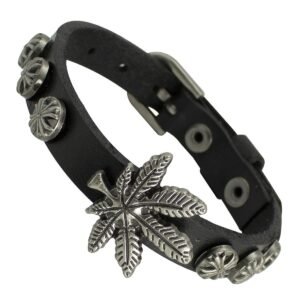 Black Leather Bracelet with Hemp Charm