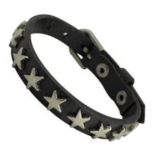 Black Leather Bracelet with Metal Stars