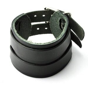 Black Leather Cuff Bracelet w/ Double Straps and Buckles