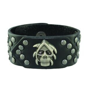 Black Leather Skull Bracelet with Steel Tone Rivets