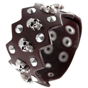 Brown Leather Bracelet with Spikes and Skulls