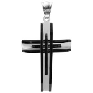 Stainless Steel Cross Pendant with Black Trim Accents