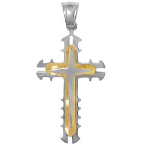 Stainless Steel Two-Toned Cross Pendant with Ridged Edges