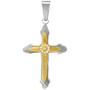 Stainless Steel Two-toned Cross Pendant w/ CZ in a Circle