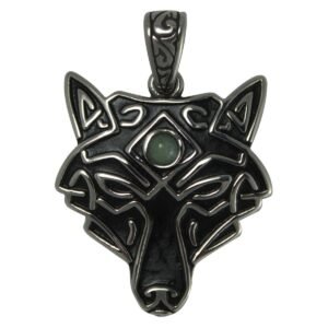 Stainless Steel Mystic Native Wolf Pendant with Green Stone