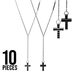 Stainless Steel Cross w/ Black CZ Stone Rosary Necklace Pack